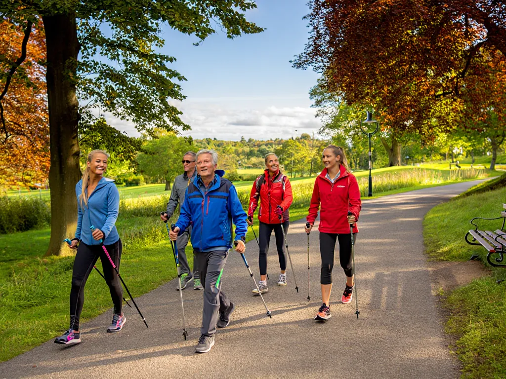 Personer der nyder Nordic Walking i en dansk park