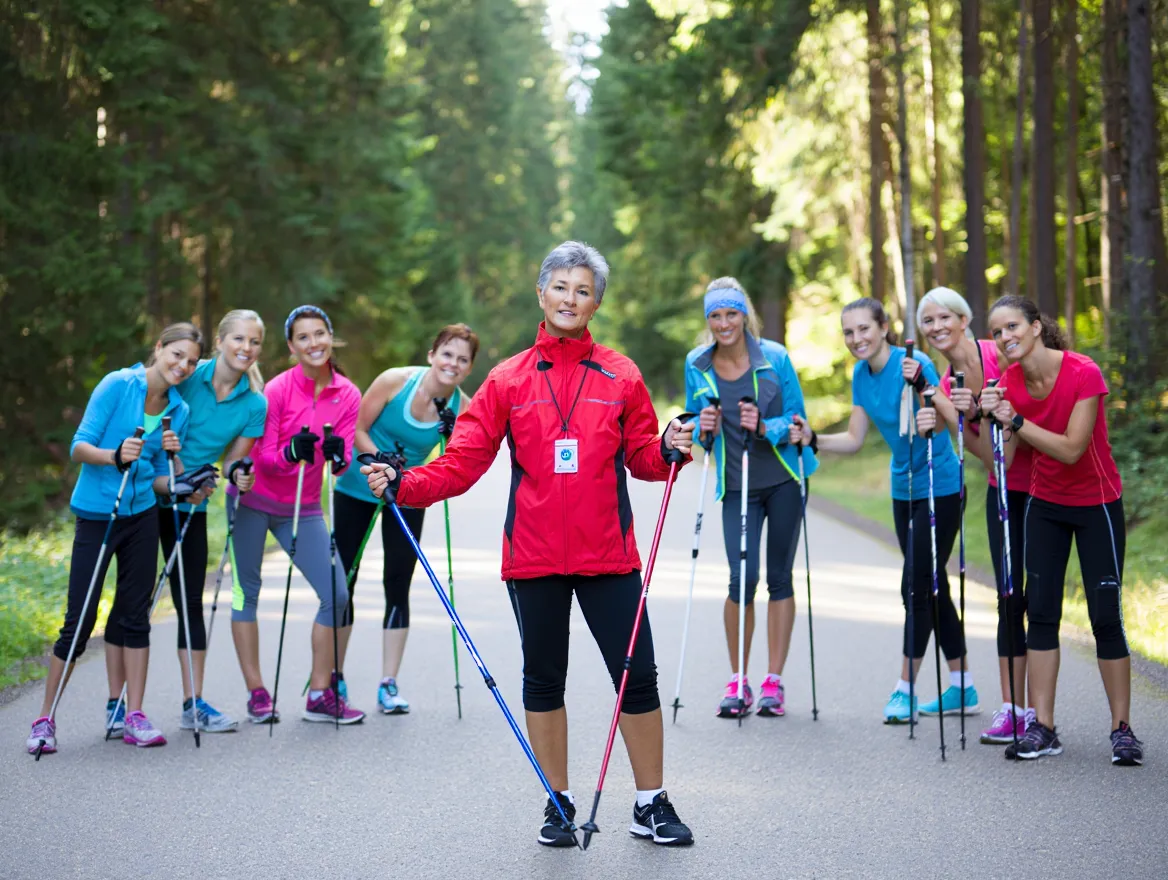 Gruppe af Nordic Walkers der bliver instrueret